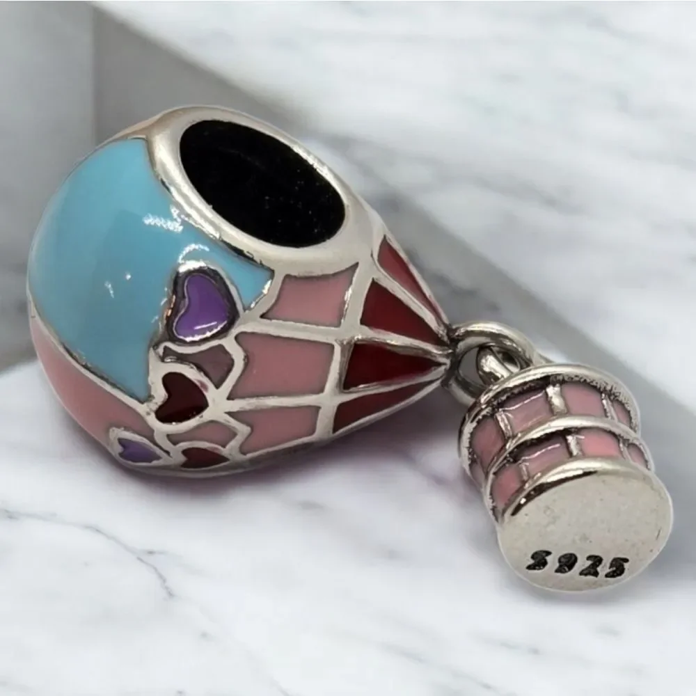 Hot Air Balloon Charm S925 Sterling Silver Pink Hearts Slide-On Bracelet Pendant